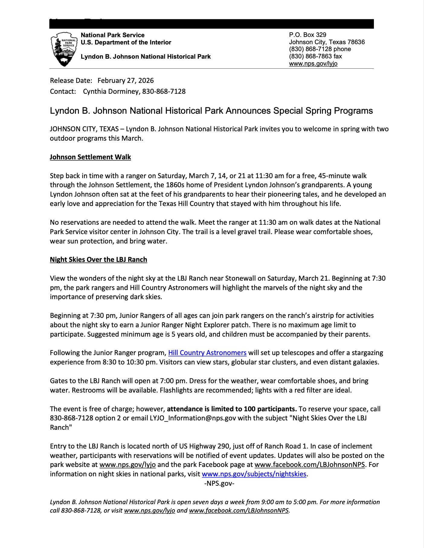 LBJ Park Press Release ahead of Spring